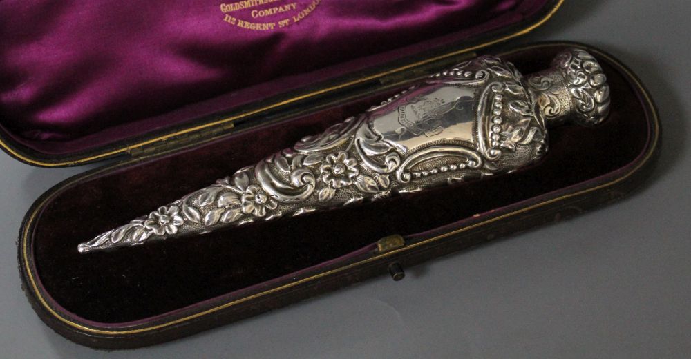 A Late Victorian silver mounted perfume bottle, in Goldsmith & Silversmith box, by Horton and Allday, Birmingham 1890